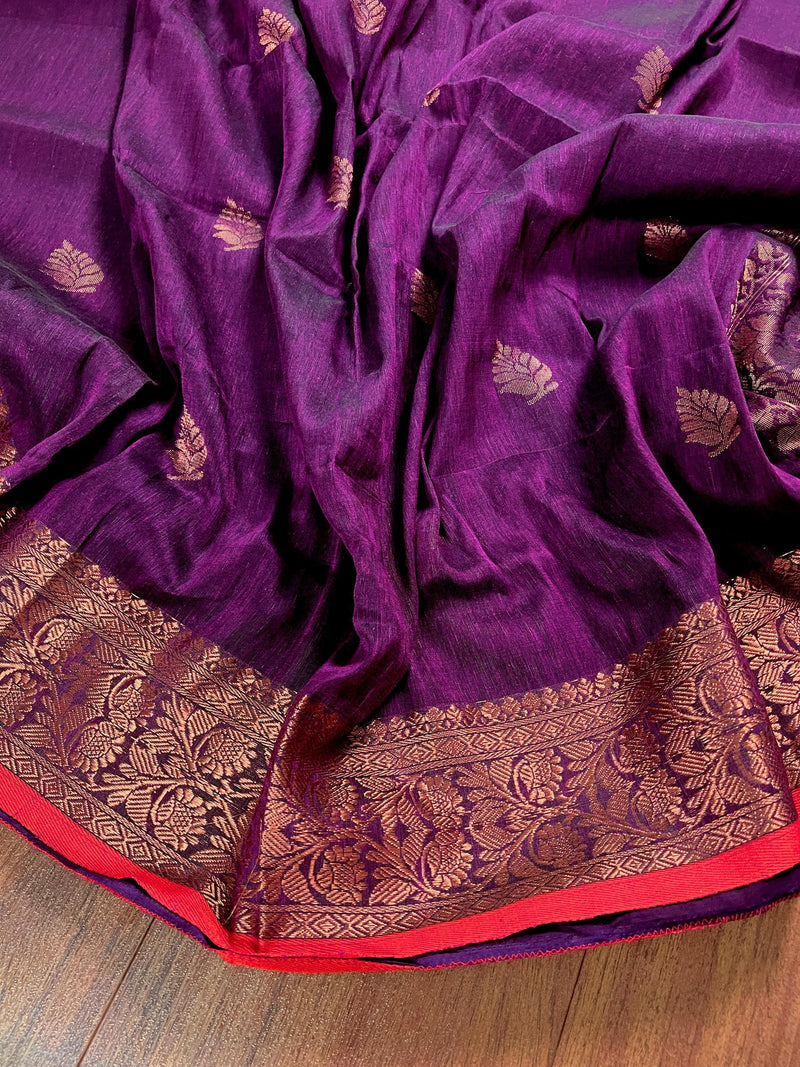 Statement Handmade Purple Color Handloom Bengal Linen Saree with Red Borders and Cooper Zari Weaving | Linen Saree | Handwoven Sarees - Kaash