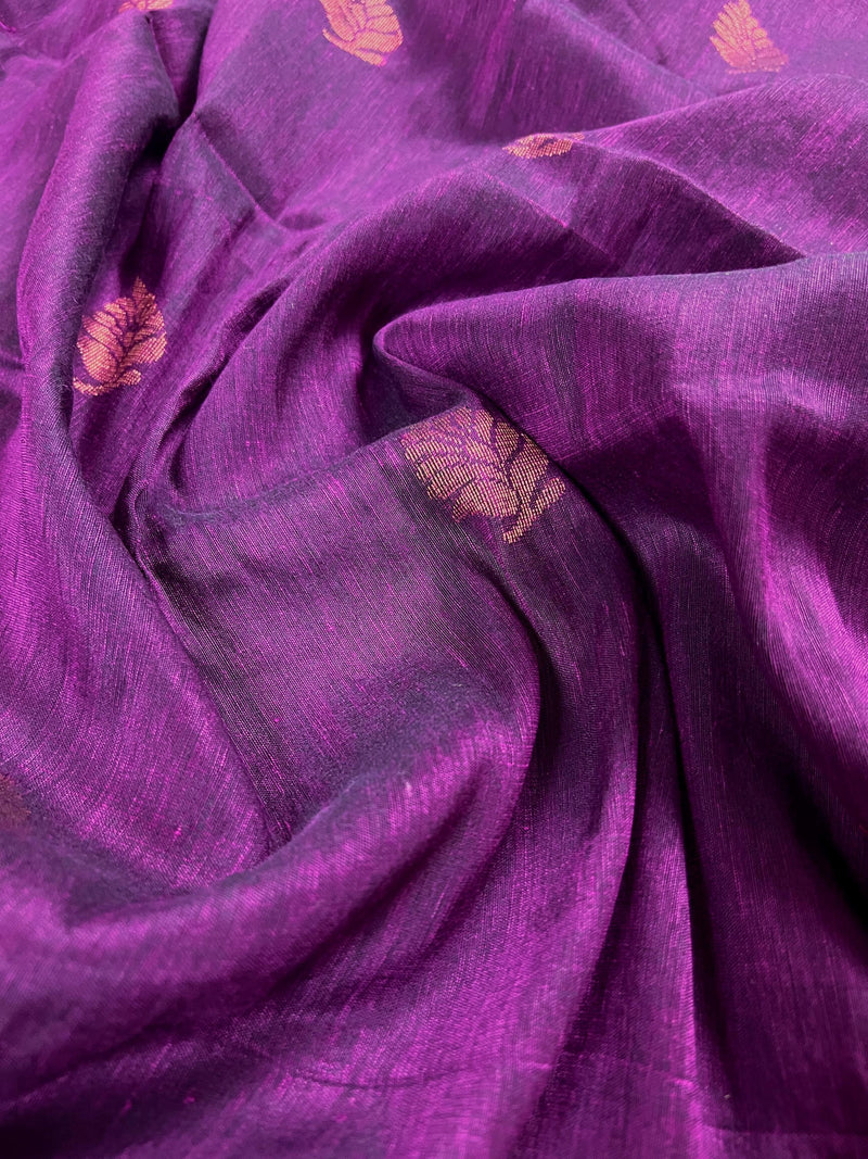 Statement Handmade Purple Color Handloom Bengal Linen Saree with Red Borders and Cooper Zari Weaving | Linen Saree | Handwoven Sarees - Kaash