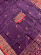 Statement Handmade Purple Color Handloom Bengal Linen Saree with Red Borders and Cooper Zari Weaving | Linen Saree | Handwoven Sarees - Kaash