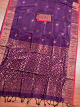 Statement Handmade Purple Color Handloom Bengal Linen Saree with Red Borders and Cooper Zari Weaving | Linen Saree | Handwoven Sarees - Kaash