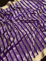 Purple Striped Tissue Banarasi saree in banarasi soft satin tissue silk with striped tissue with gold & platinum zari — Kaash Collection