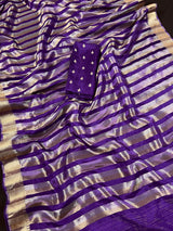 Purple Striped Tissue Banarasi saree in banarasi soft satin tissue silk with striped tissue with gold & platinum zari — Kaash Collection