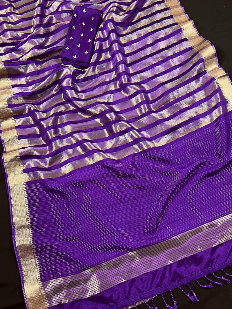 Purple Striped Tissue Banarasi saree in banarasi soft satin tissue silk with striped tissue with gold & platinum zari — Kaash Collection