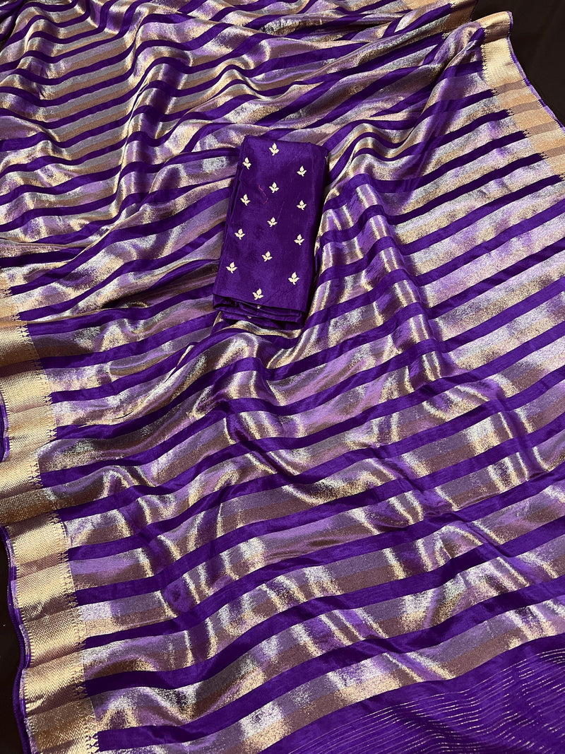 Statement Handmade Purple Color Striped Banarasi Satin Tissue Silk Saree - Kaash