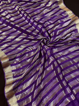 Statement Handmade Purple Color Striped Banarasi Satin Tissue Silk Saree - Kaash