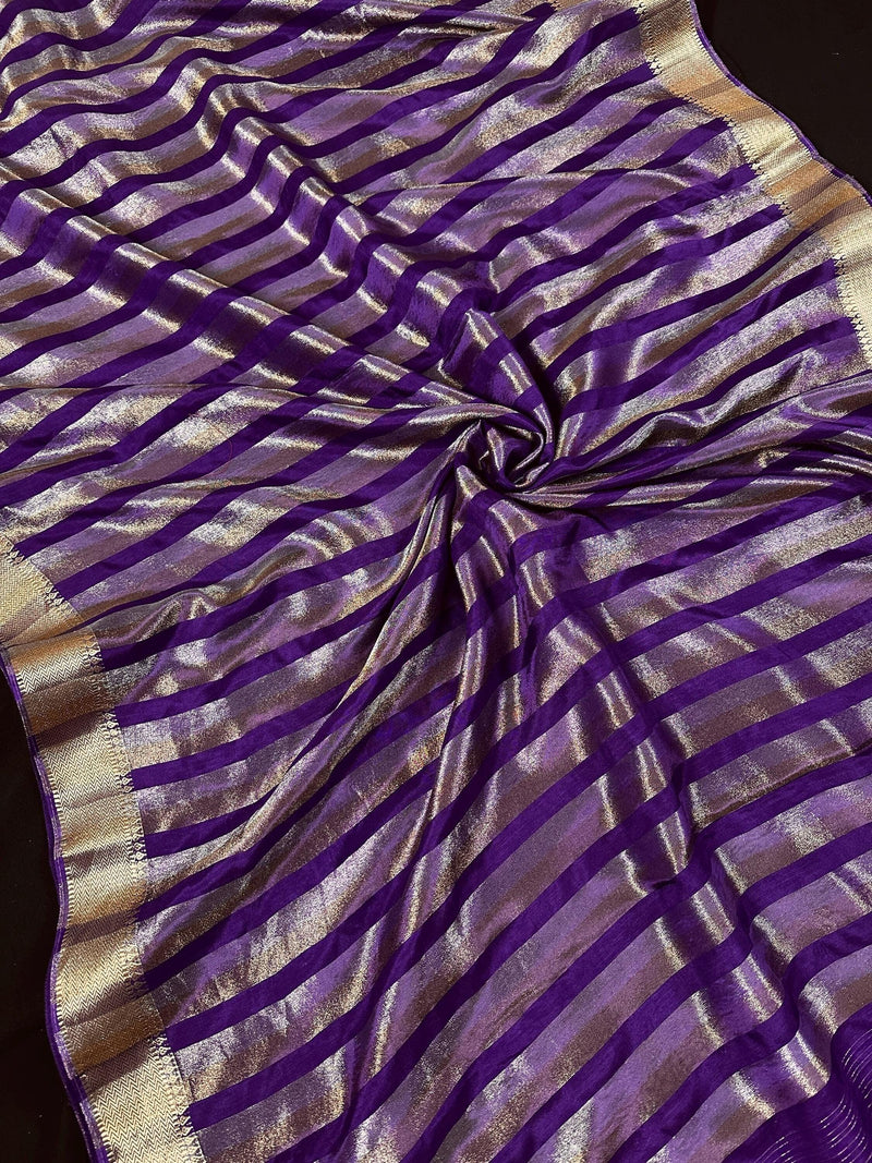 Statement Handmade Purple Color Striped Banarasi Satin Tissue Silk Saree - Kaash