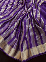 Statement Handmade Purple Color Striped Banarasi Satin Tissue Silk Saree - Kaash