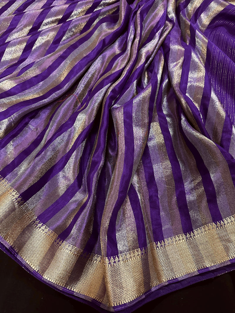 Statement Handmade Purple Color Striped Banarasi Satin Tissue Silk Saree - Kaash
