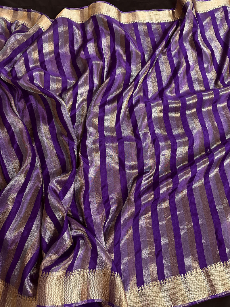 Statement Handmade Purple Color Striped Banarasi Satin Tissue Silk Saree - Kaash
