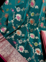 Rama Green Banarasi Semi Katan saree in banarasi semi katan silk with meenakari with muted gold zari floral jaal — Kaash Collection