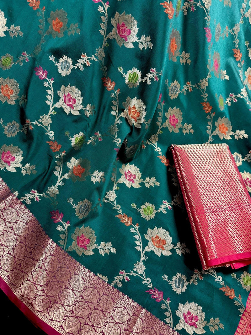 Rama Green Banarasi Semi Katan saree in banarasi semi katan silk with meenakari with muted gold zari floral jaal — Kaash Collection