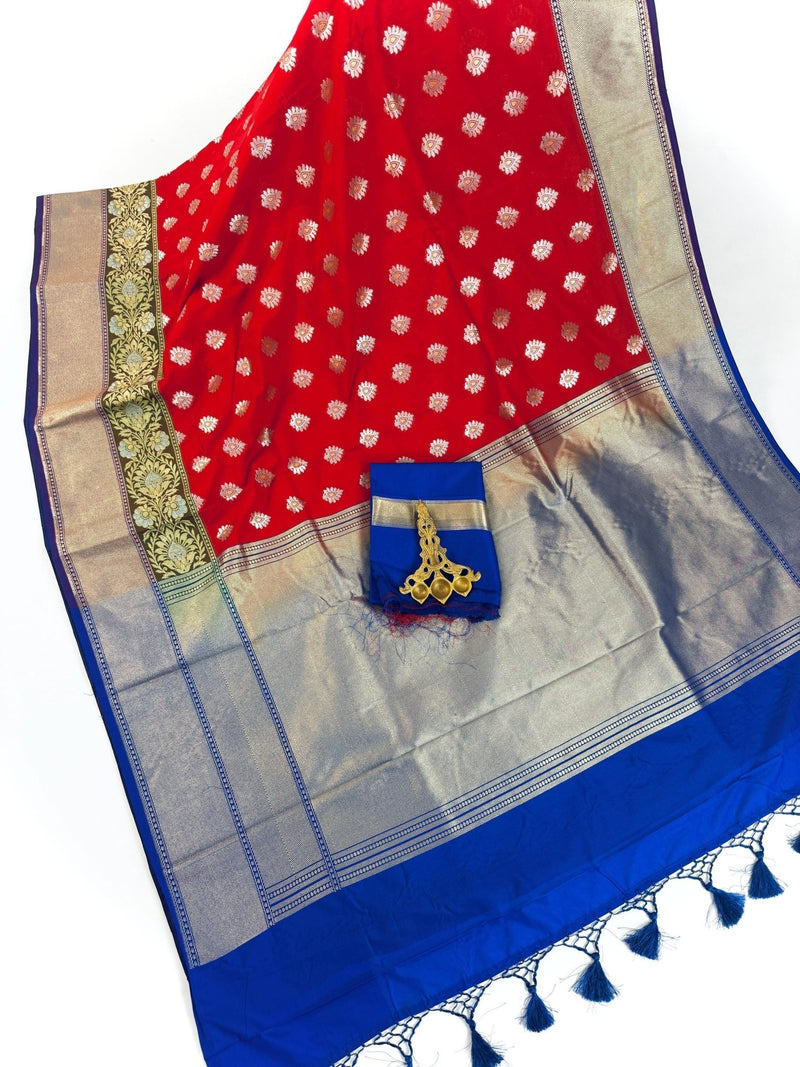 Statement Handmade Red Color Banarasi Soft Silk Handloom Saree with Green, Purple and Blue Border and Pallu - Kaash