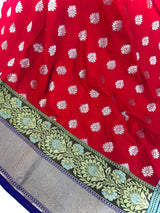 Statement Handmade Red Color Banarasi Soft Silk Handloom Saree with Green, Purple and Blue Border and Pallu - Kaash