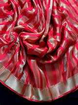 Red Striped Tissue Banarasi saree in banarasi soft satin tissue silk with striped tissue with gold & platinum zari — Kaash Collection