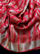 Red Striped Tissue Banarasi saree in banarasi soft satin tissue silk with striped tissue with gold & platinum zari — Kaash Collection