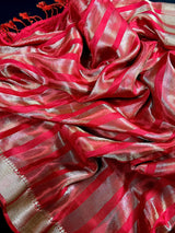 Red Striped Tissue Banarasi saree in banarasi soft satin tissue silk with striped tissue with gold & platinum zari — Kaash Collection