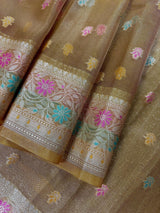 Yellow Gold Banarasi saree in banarasi tissue silk with meenakari with temple-style border — Kaash Collection