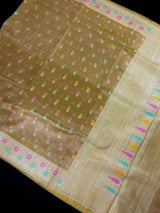 Yellow Gold Banarasi saree in banarasi tissue silk with meenakari with temple-style border — Kaash Collection