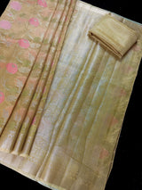 Statement Handmade Yellow Gold Color Banarasi Tissue Silk Saree with Meenakari Floral Jaal Weave - Kaash
