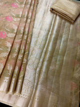 Statement Handmade Yellow Gold Color Banarasi Tissue Silk Saree with Meenakari Floral Jaal Weave - Kaash