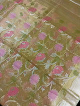 Statement Handmade Yellow Gold Color Banarasi Tissue Silk Saree with Meenakari Floral Jaal Weave - Kaash