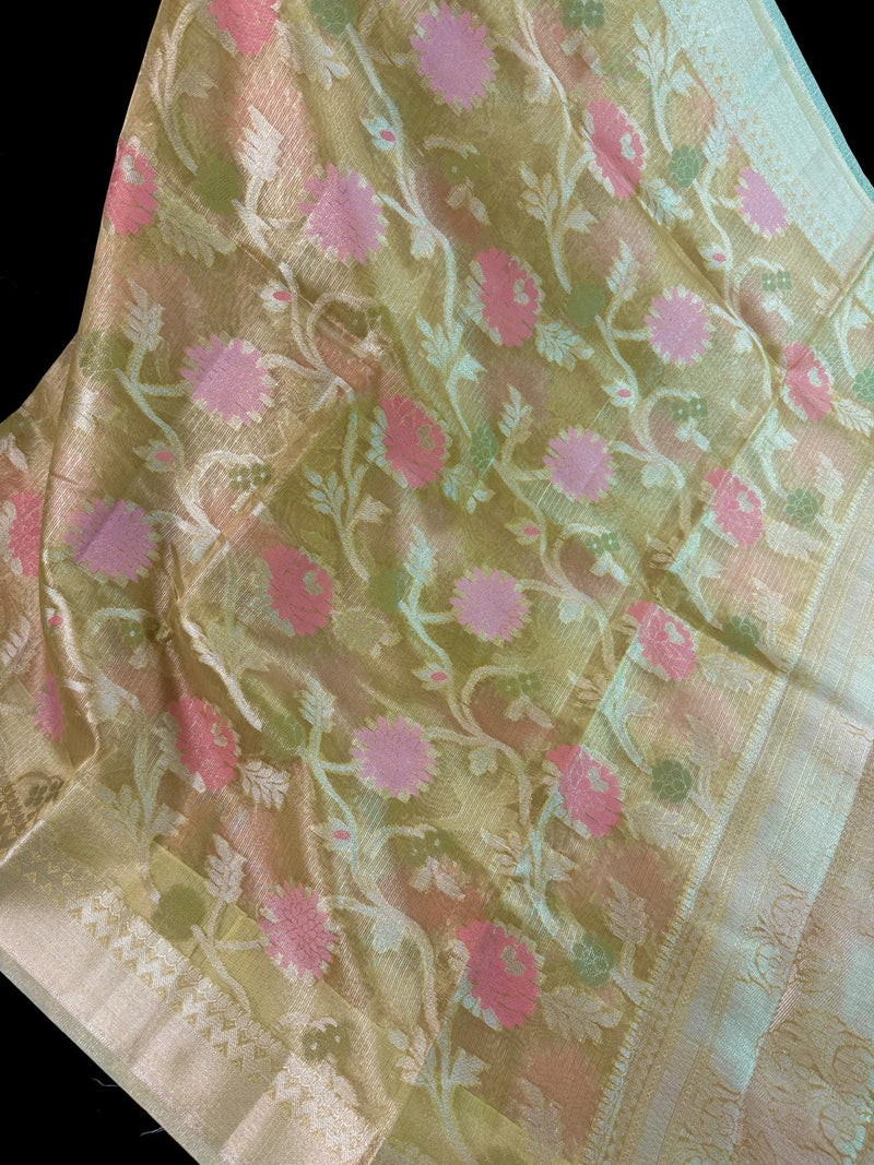 Statement Handmade Yellow Gold Color Banarasi Tissue Silk Saree with Meenakari Floral Jaal Weave - Kaash