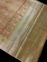 Statement Handmade Yellow Gold Color Banarasi Tissue Silk Saree with Meenakari Floral Jaal Weave - Kaash