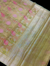 Statement Handmade Yellow Gold Color Banarasi Tissue Silk Saree with Meenakari Floral Jaal Weave - Kaash