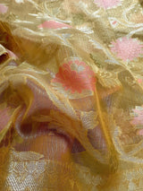 Statement Handmade Yellow Gold Color Banarasi Tissue Silk Saree with Meenakari Floral Jaal Weave - Kaash