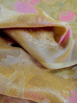 Statement Handmade Yellow Gold Color Banarasi Tissue Silk Saree with Meenakari Floral Jaal Weave - Kaash
