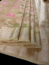 Statement Handmade Yellow Gold Color Banarasi Tissue Silk Saree with Meenakari Floral Jaal Weave - Kaash