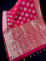Hot Pink Banarasi saree in banarasi semi mashru with lightweight mashru with lustrous sheen — Kaash Collection
