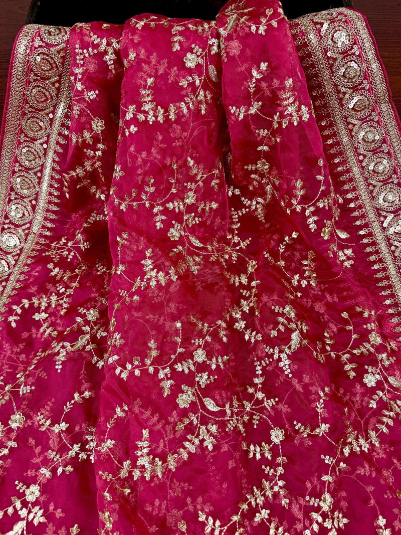 Hot Pink soft organza silk dupatta with muted gold zari, embroidery & sequin — Kaash Collection