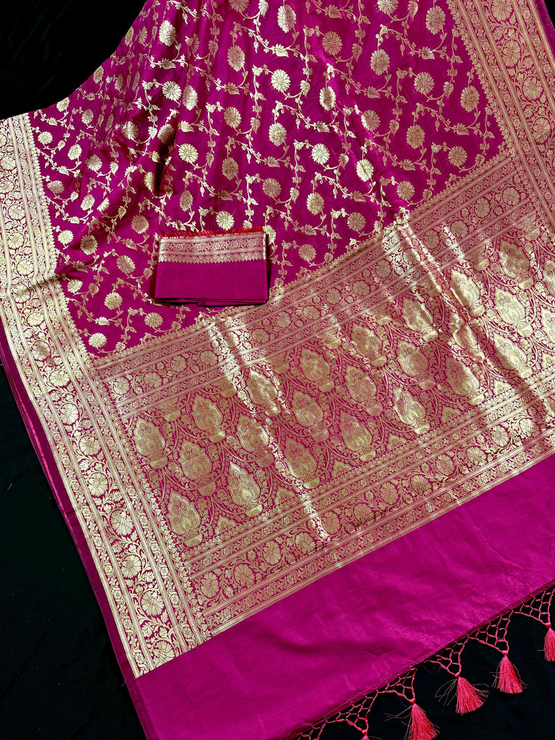 Statement Magenta Muave Color Banarasi Silk Saree with Floral Jaal Weave - Kaash