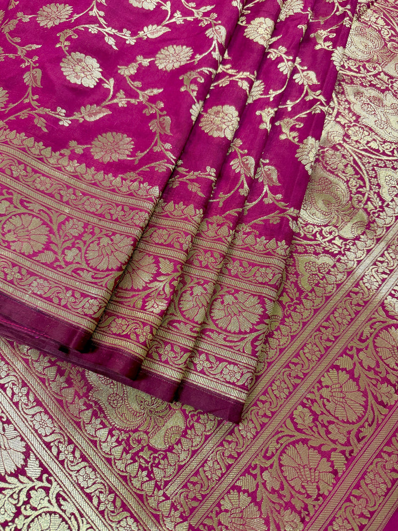 Statement Magenta Muave Color Banarasi Silk Saree with Floral Jaal Weave - Kaash