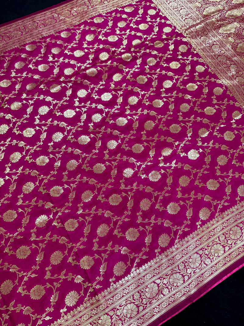 Statement Magenta Muave Color Banarasi Silk Saree with Floral Jaal Weave - Kaash