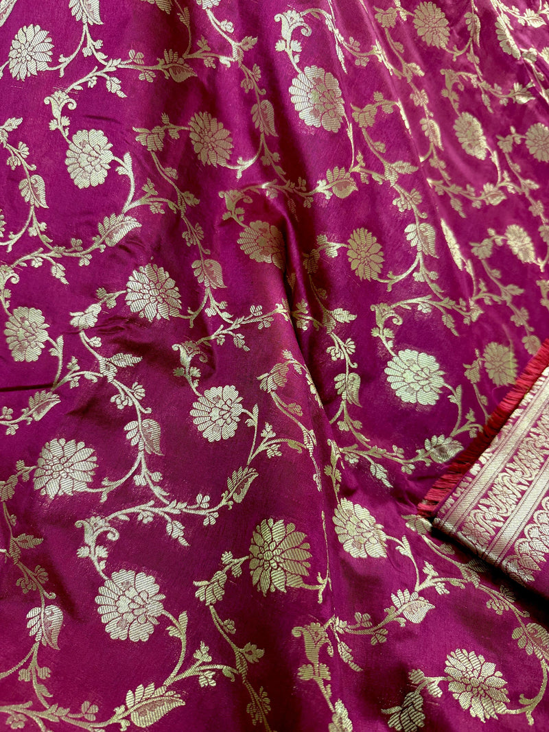 Statement Magenta Muave Color Banarasi Silk Saree with Floral Jaal Weave - Kaash