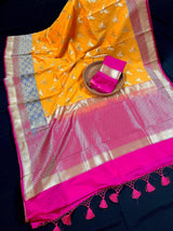 Statement Mango Yellow Soft Banarasi Silk Handloom Saree with Flying Parrot Motifs - Kaash