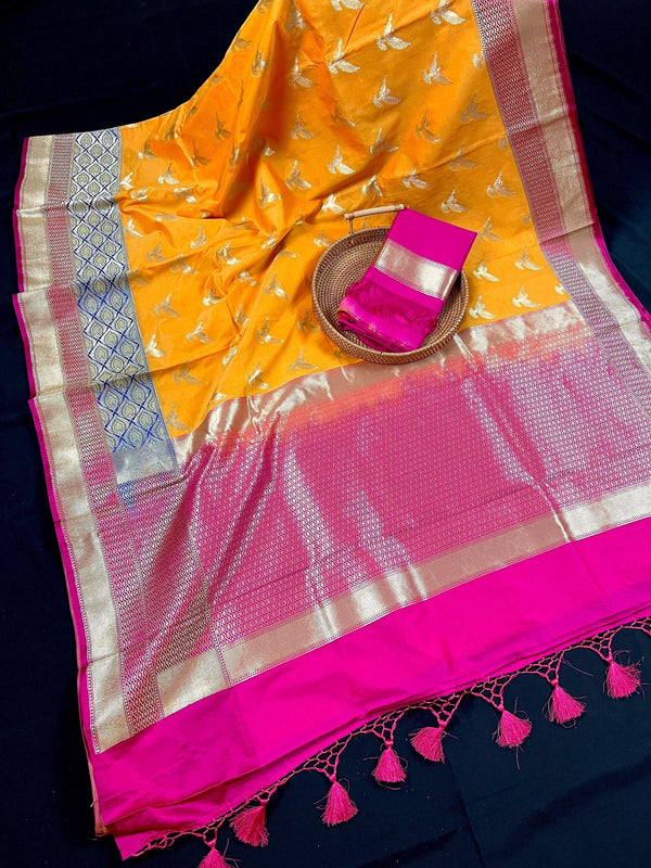 Statement Mango Yellow Soft Banarasi Silk Handloom Saree with Flying Parrot Motifs - Kaash
