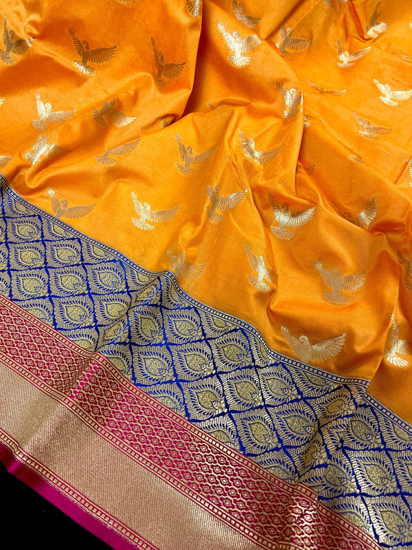 Statement Mango Yellow Soft Banarasi Silk Handloom Saree with Flying Parrot Motifs - Kaash