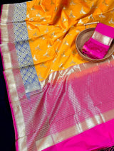 Statement Mango Yellow Soft Banarasi Silk Handloom Saree with Flying Parrot Motifs - Kaash
