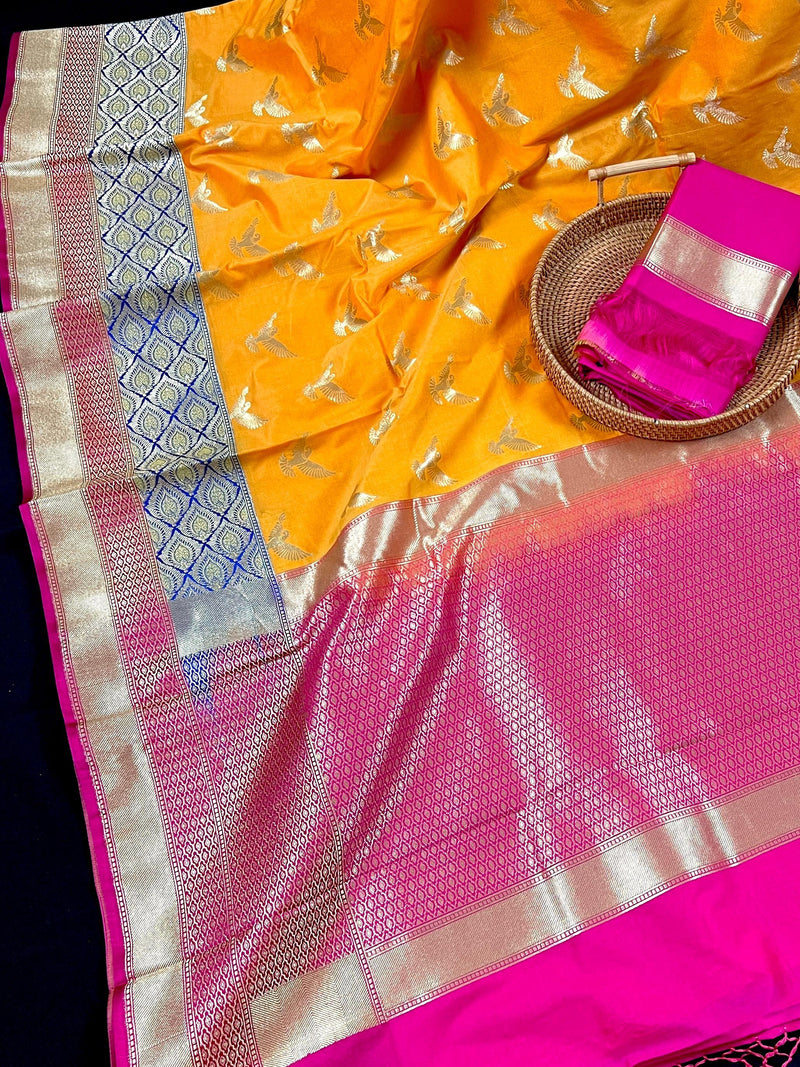 Statement Mango Yellow Soft Banarasi Silk Handloom Saree with Flying Parrot Motifs - Kaash