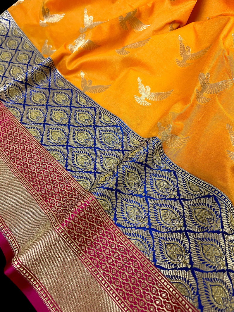 Statement Mango Yellow Soft Banarasi Silk Handloom Saree with Flying Parrot Motifs - Kaash