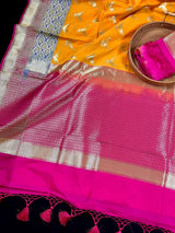 Statement Mango Yellow Soft Banarasi Silk Handloom Saree with Flying Parrot Motifs - Kaash