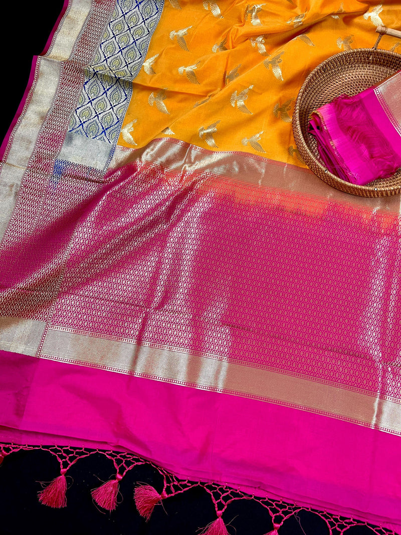 Statement Mango Yellow Soft Banarasi Silk Handloom Saree with Flying Parrot Motifs - Kaash