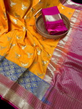 Statement Mango Yellow Soft Banarasi Silk Handloom Saree with Flying Parrot Motifs - Kaash