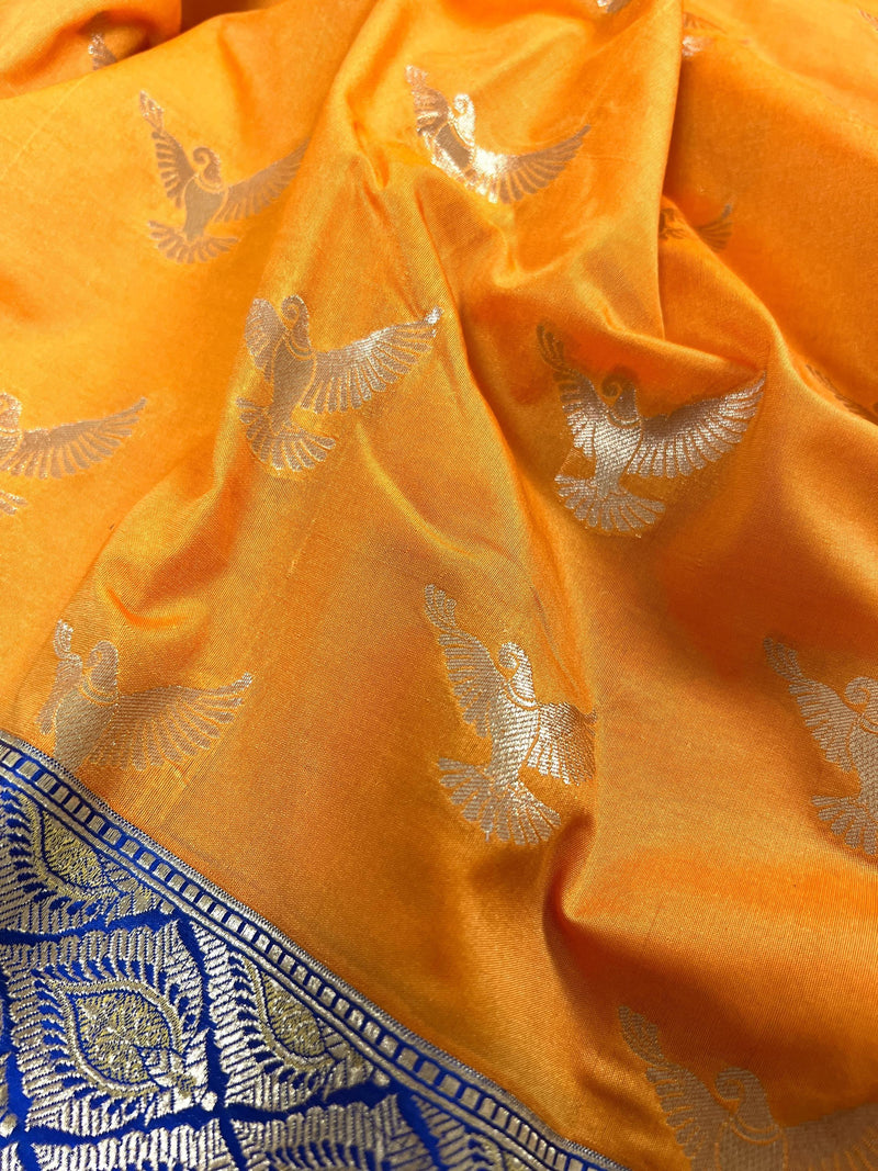 Statement Mango Yellow Soft Banarasi Silk Handloom Saree with Flying Parrot Motifs - Kaash