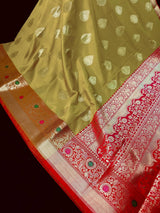 Mehandi Green Banarasi Semi Katan saree in banarasi semi katan silk with meenakari borders with orange & pink pallu — Kaash Collection