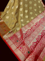 Mehandi Green Banarasi Semi Katan saree in banarasi semi katan silk with meenakari borders with orange & pink pallu — Kaash Collection