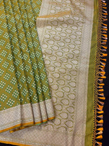 Statement Mehandi Green Saree with Dual Shade of Green in soft Banarasi Silk with Banarasi Border and Pallu with Kadhua Tanchoi Weave - Kaash